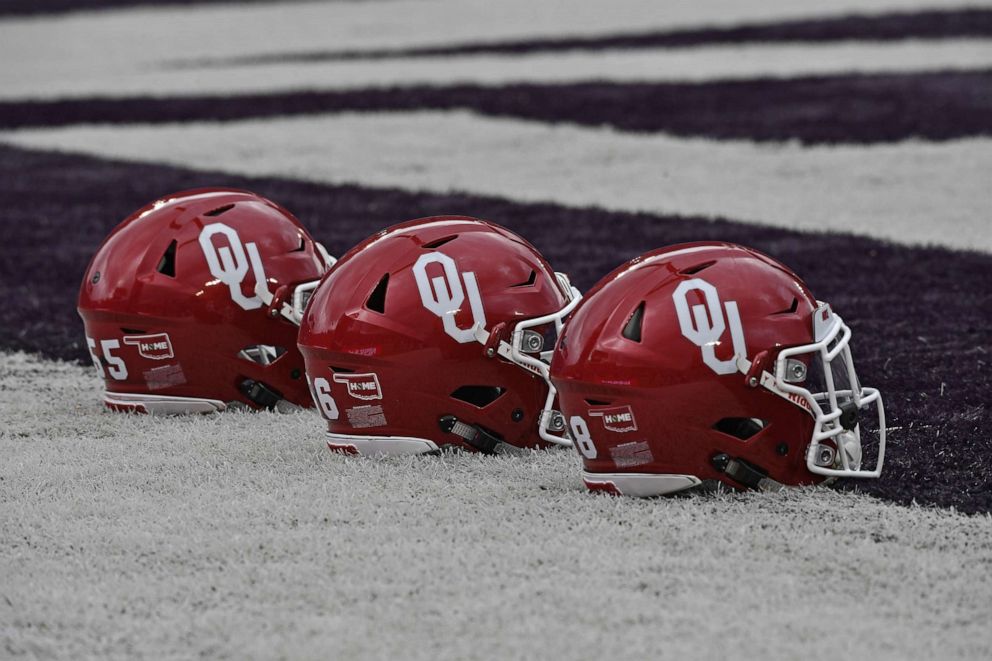 PHOTO: A general view of Oklahoma Sooners helmets on the field prior to the game against the Kansas State Wildcats on Oct. 21, 2017 at Bill Snyder Family Stadium in Manhattan, Kan.