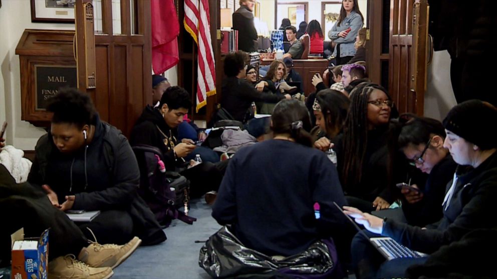 PHOTO: Students staged a sit-in at the University of Oklahoma, Feb. 26, 2020, to protest two recent incidents in which professors used racial slurs while teaching.
