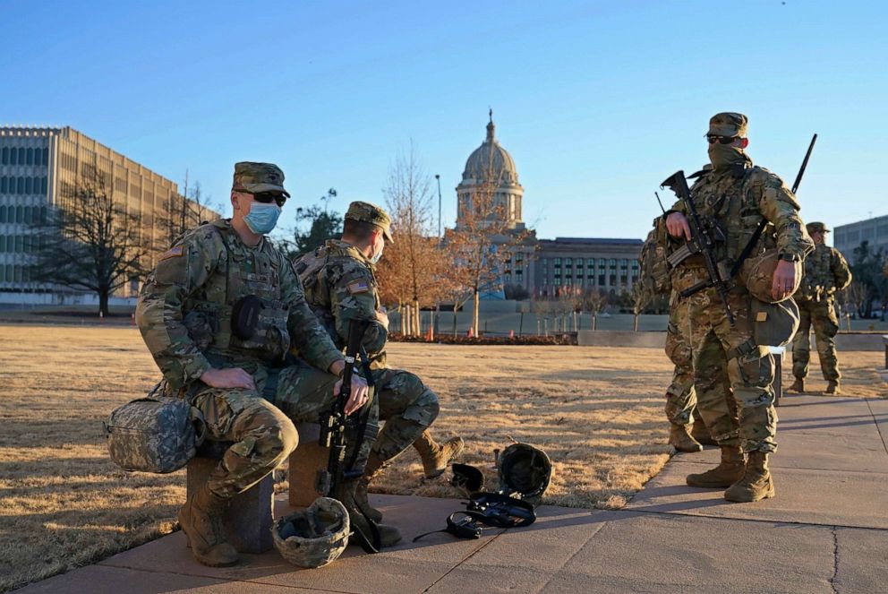 PHOTO: Oklahoma National Guard is stationed on the mostly empty grounds around the state Capitol, Jan. 17, 2021, in Oklahoma City.