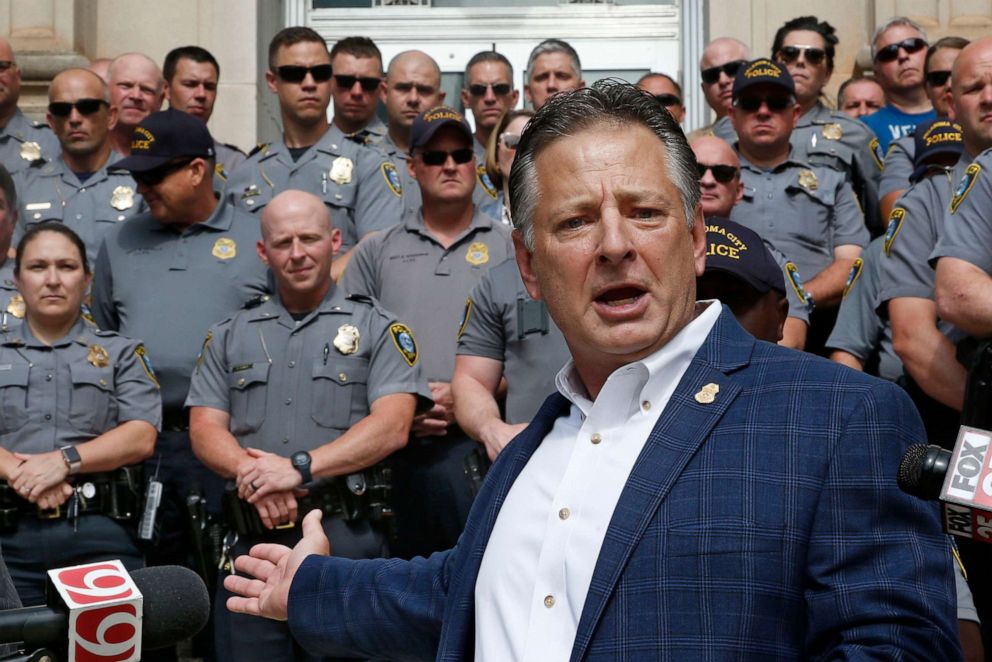 PHOTO: John George, President, Fraternal Order of Police, Oklahoma City, gestures as he speaks in support of Oklahoma City Police Chief Wade Gourley, June 2, 2020, in Oklahoma City.