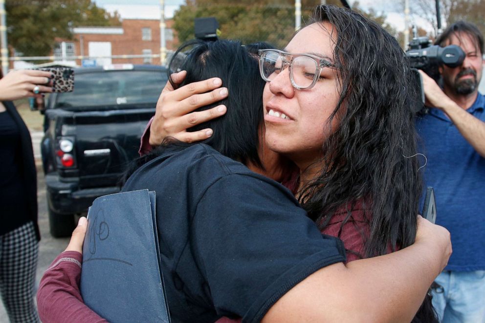 PHOTO: Tess Harjo, right, embraces her aunt Sarah Taylor, left, after being released from Eddie Warrior Correctional Center Monday, Nov. 4, 2019, in Taft, Okla.