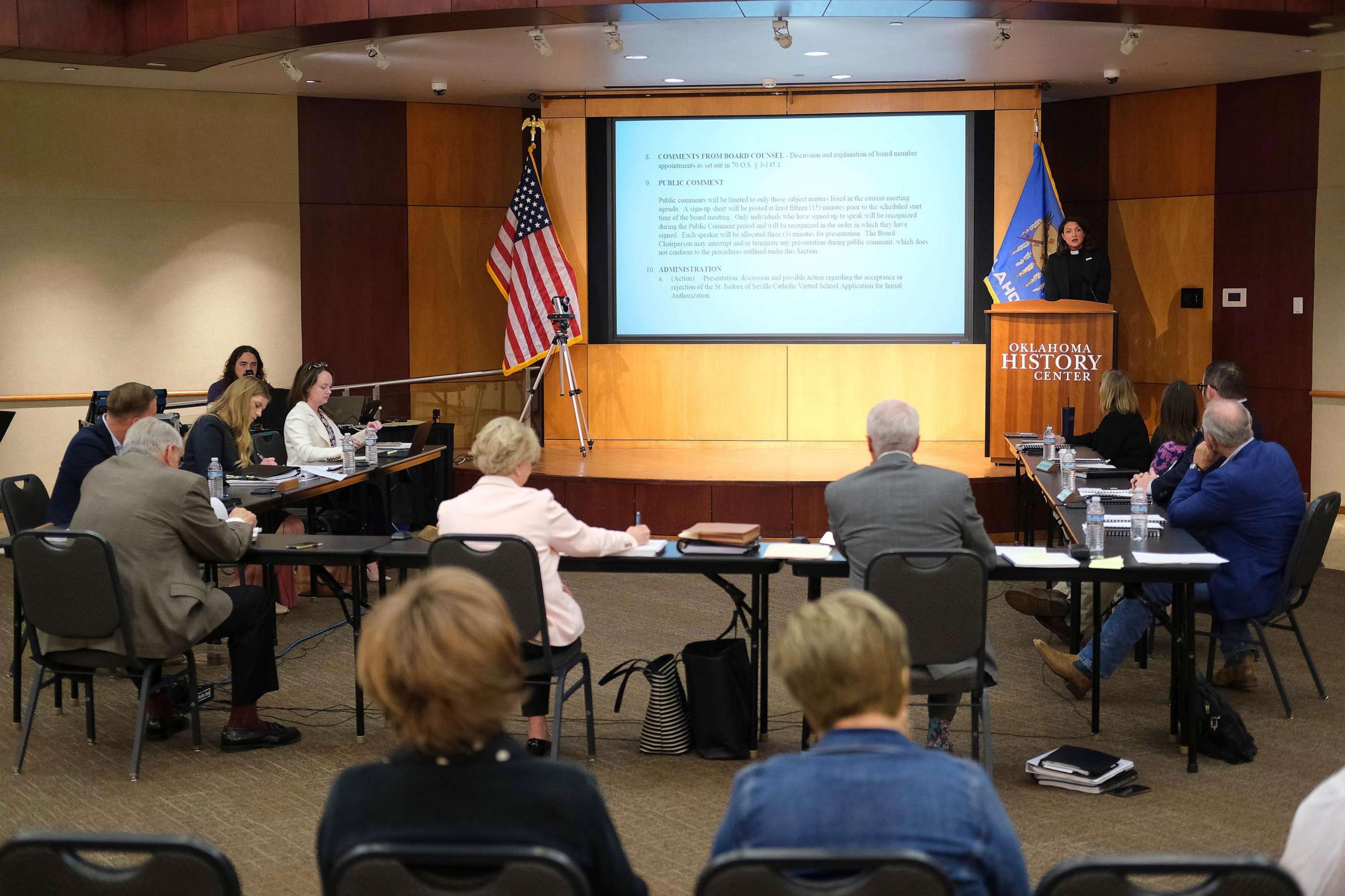 PHOTO: In this April 11, 2023, file photo, The Rev. Lori Walke speaks during public comments during a meeting to discuss a vote on whether to approve the creation of a Catholic charter school, in Oklahoma City, Okla.