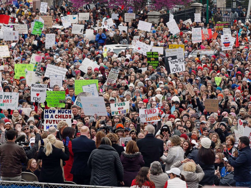 PHOTO: The crowd cheers during a teacher rally at the state Capitol in Oklahoma City, April 2, 2018.