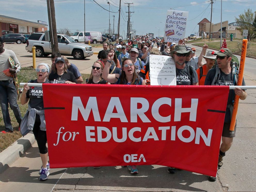 NE 36th St. in the final leg of a 110 mile trip from Tulsa to the state Capitol as protests continue over school funding in Oklahoma City