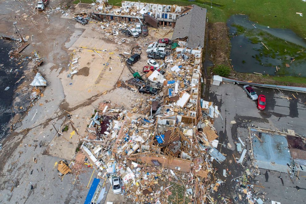 PHOTO: Damage to the American Budget Value Inn is seen in an aerial photo after a tornado touched down overnight in El Reno, Okla., May 26, 2019.