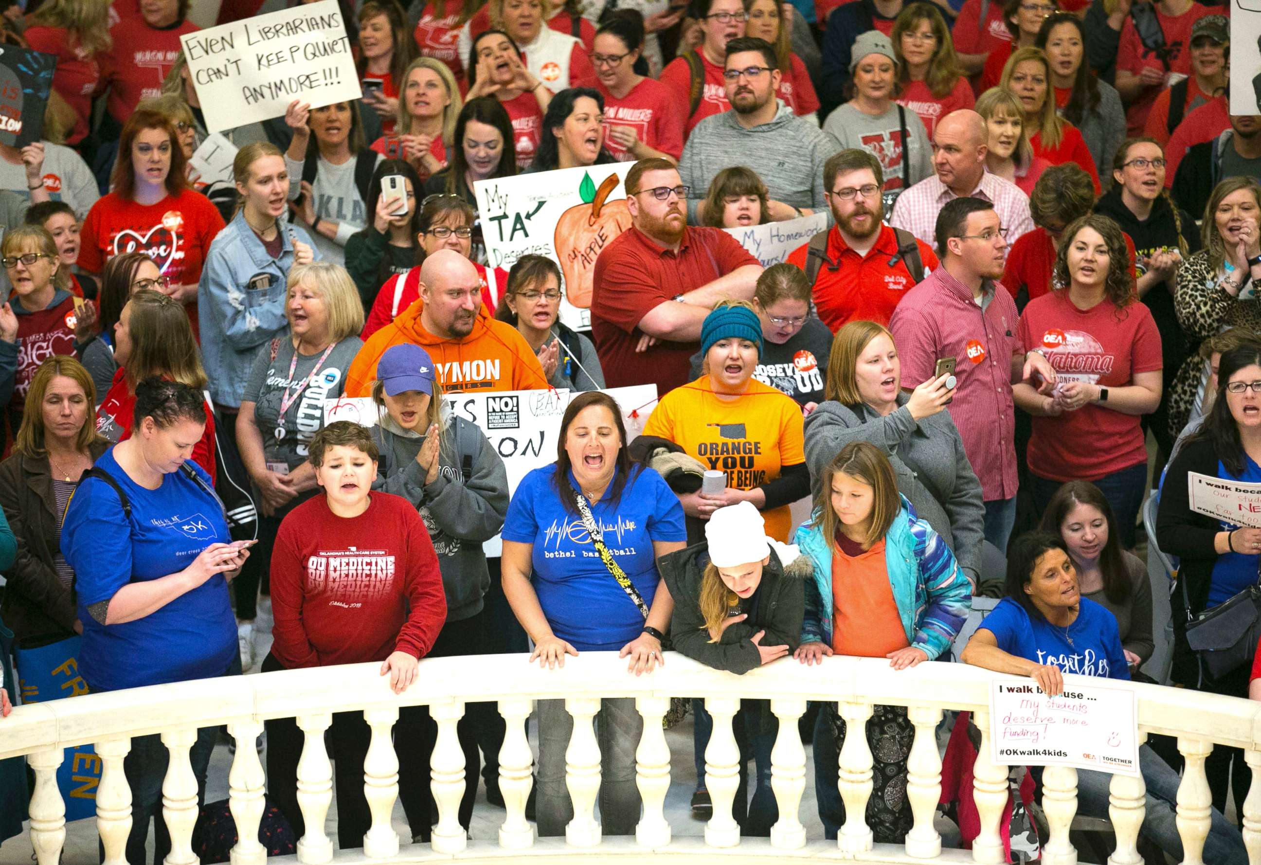 PHOTO: Teachers and others fill the inside of the Oklahoma state capitol as they rally on the second day of the Oklahoma teachers walkout, at the capitol in Oklahoma City, April 03, 2018.