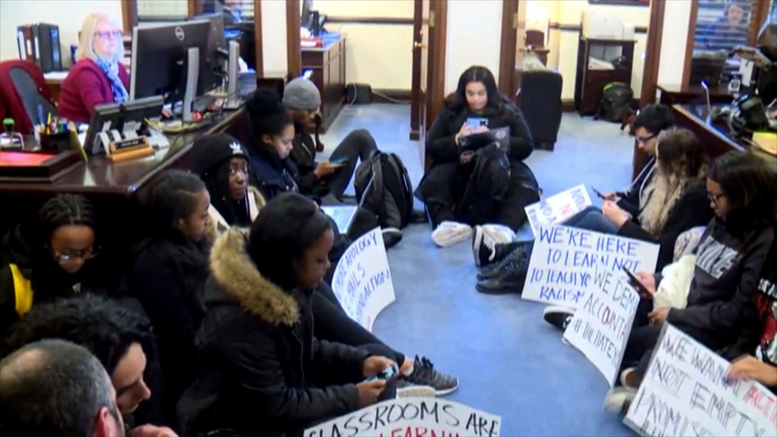 PHOTO: Students staged a sit-in at the University of Oklahoma, Feb. 26, 2020, to two recent incidents in which professors used racial slurs while teaching.
