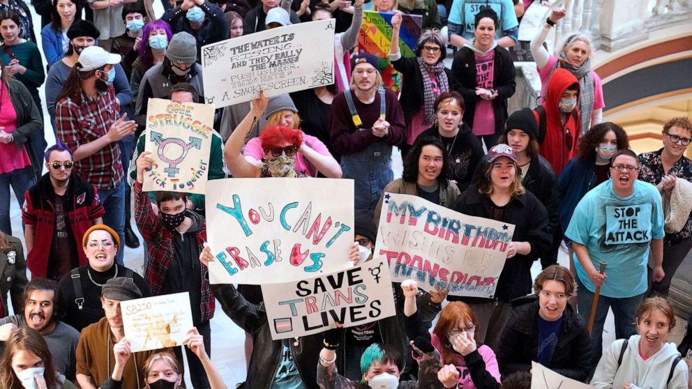 PHOTO: Trans-rights protest outside the House chamber at the state Capitol before the State of the State address, Feb. 6, 2023, in Oklahoma City.