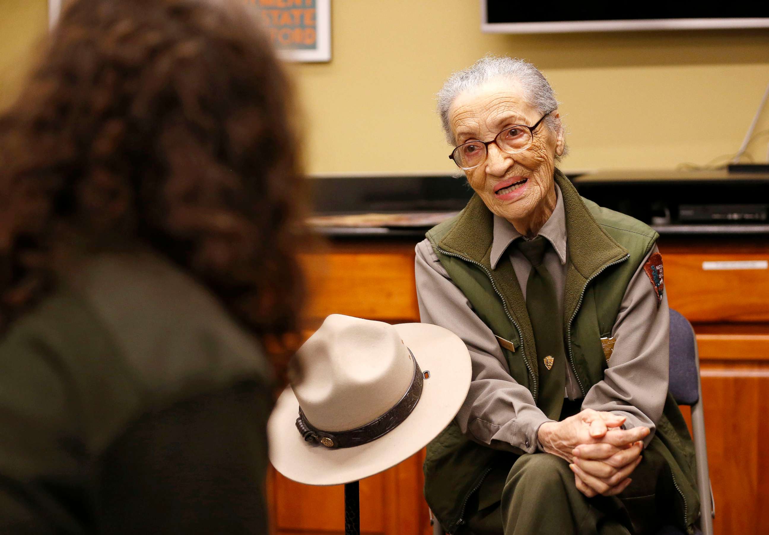 PHOTO: National Park Ranger Betty Reid Soskin talks with visitors after greeting visitors at the the Rosie the Riveter/World War II Home Front National Historical Park in Richmond, Calif., Jan. 15, 2020.