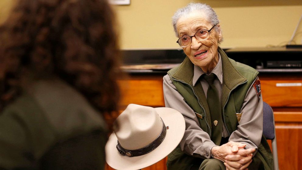 PHOTO: National Park Ranger Betty Reid Soskin talks with visitors after greeting visitors at the the Rosie the Riveter/World War II Home Front National Historical Park in Richmond, Calif., Jan. 15, 2020.