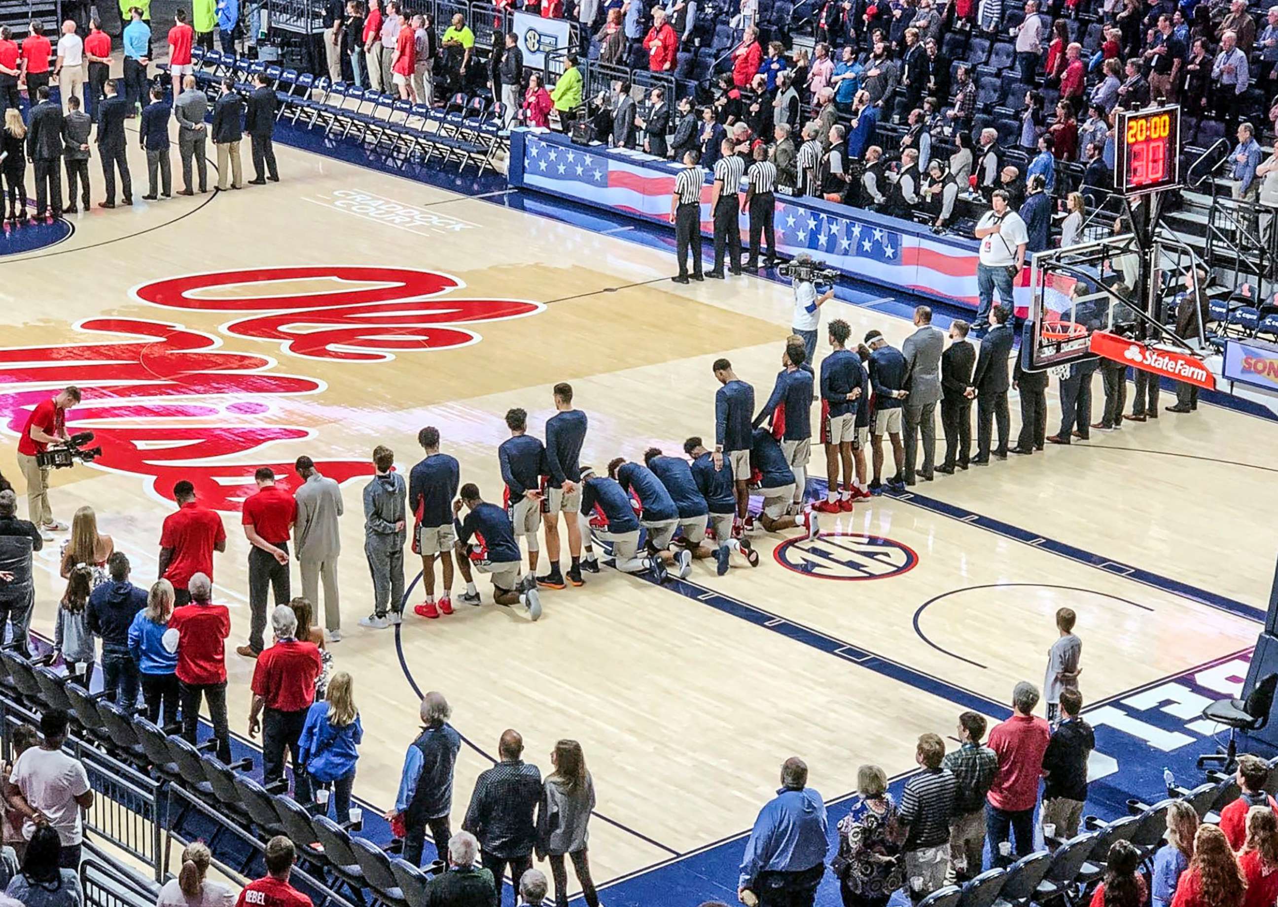 PHOTO: Six Mississippi basketball players take a knee during the national anthem before an NCAA college basketball game against Georgia in Oxford, Miss., Feb. 23, 2019.