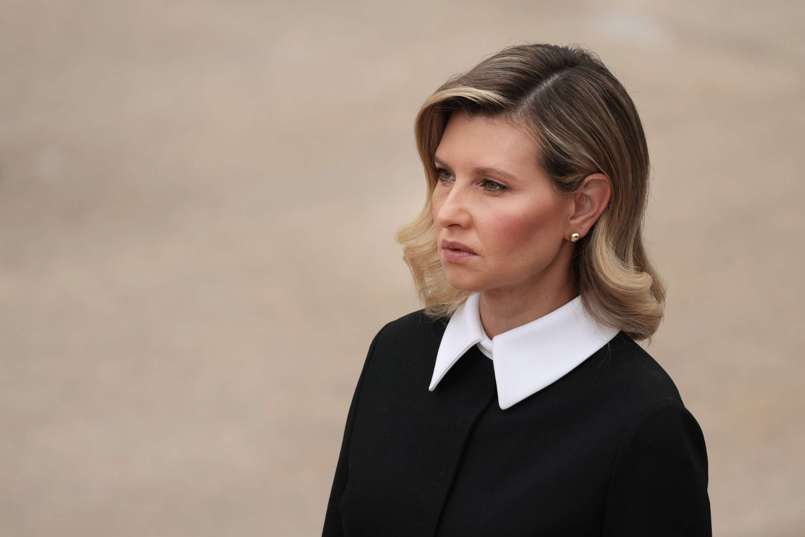 PHOTO: In this Sept. 1, 2021, file photo, Olena Zelenska looks on as her husband, Ukrainian President Volodymyr Zelensky participates in a ceremony at the Tomb of the Unknown Soldier at Arlington National Cemetery, in Arlington, Virginia.