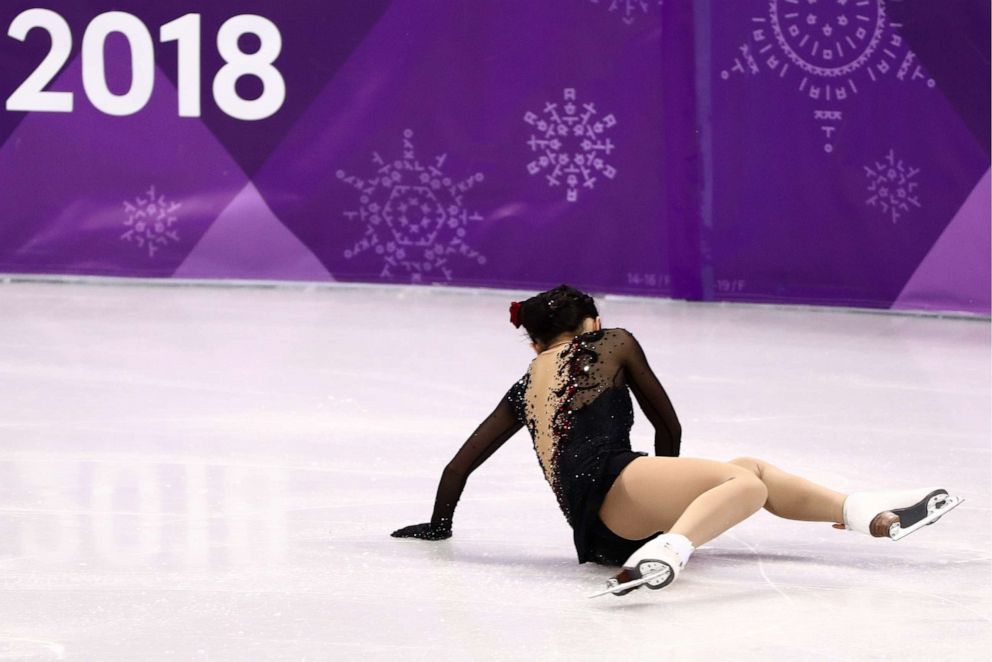 PHOTO: Karen Chen of the United States falls during the ladies' free skating event as part of the figure skating competition at the 2018 Winter Olympic Games in Gangneung, South Korea, Feb. 23, 2018.