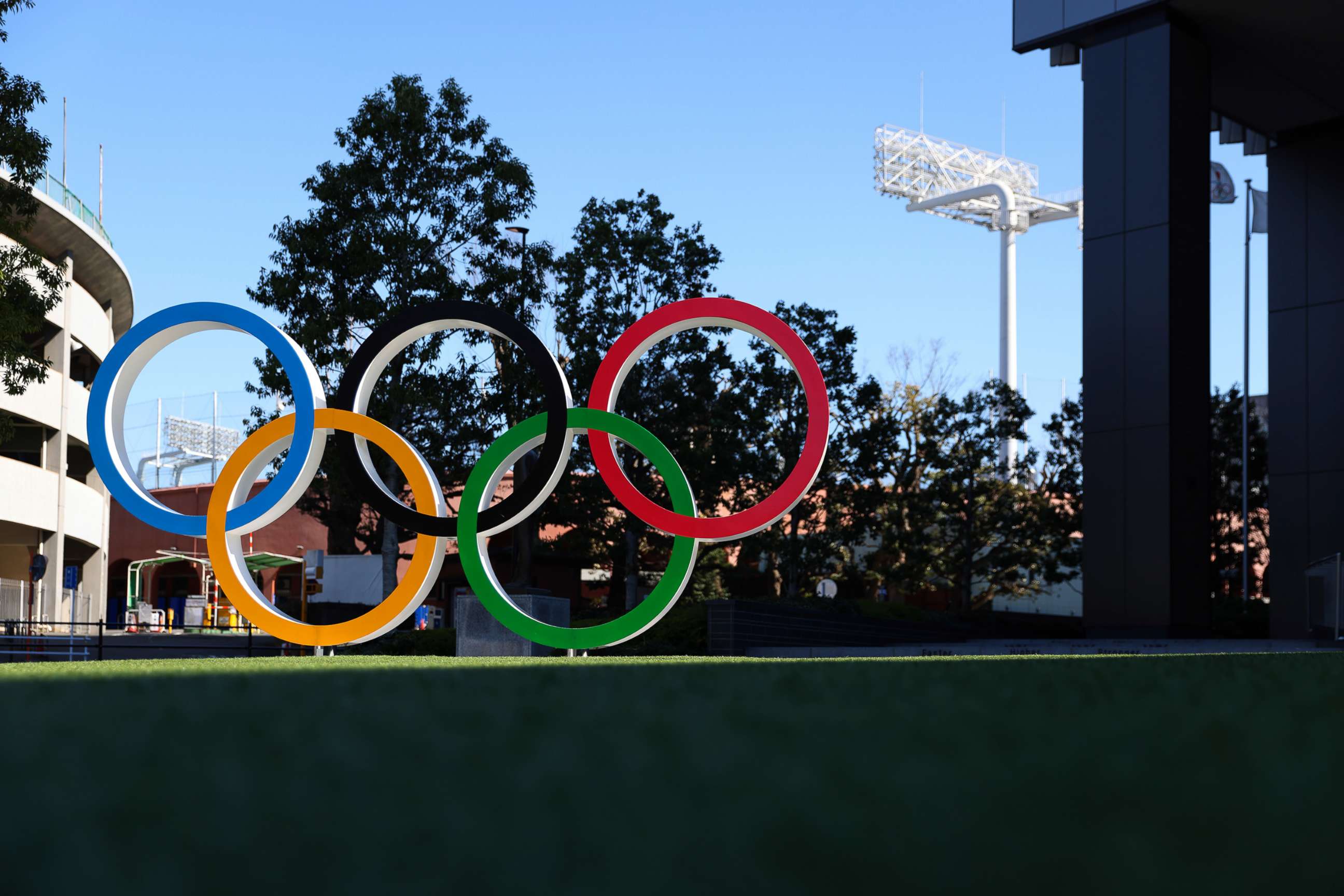 PHOTO: Olympic Rings in front of the National Stadium in Tokyo, March 15, 2021.