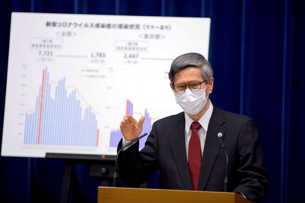PHOTO: President of the Japan Community Healthcare Organization Shigeru Omi addresses a news conference on the COVID-19 situation in Tokyo, Feb. 2, 2021. 