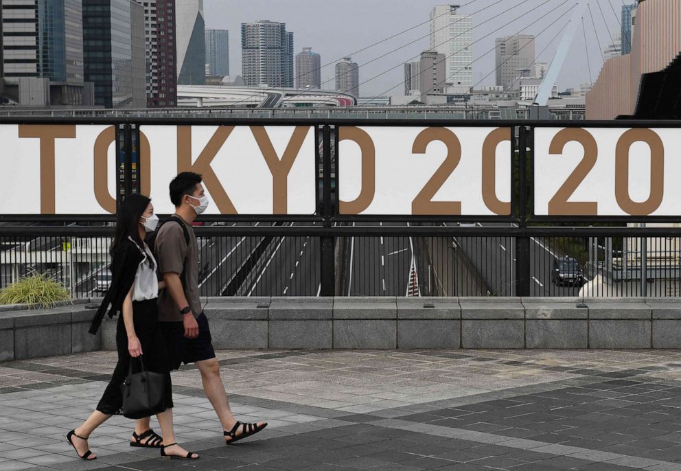 PHOTO: The logo of Tokyo 2020 is displayed near Odaiba Seaside Park in Tokyo, July 7, 2021.