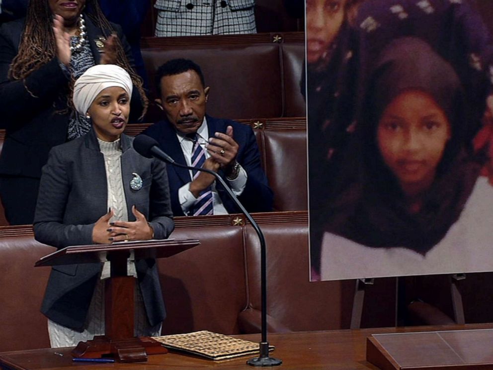 PHOTO: Rep. Ilhan Omar speaks on the House floor before the vote to remove her from the House Foreign Affairs Committee, Feb. 2, 2023, at the U.S. Capitol in Washington, D.C.