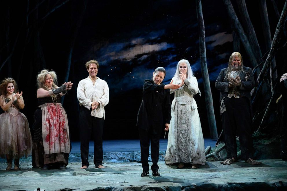 PHOTO: Conductor Eun Sun Kim bows with the cast of Dvorak's "Rusalka" at San Francisco Opera, June 28, 2019.