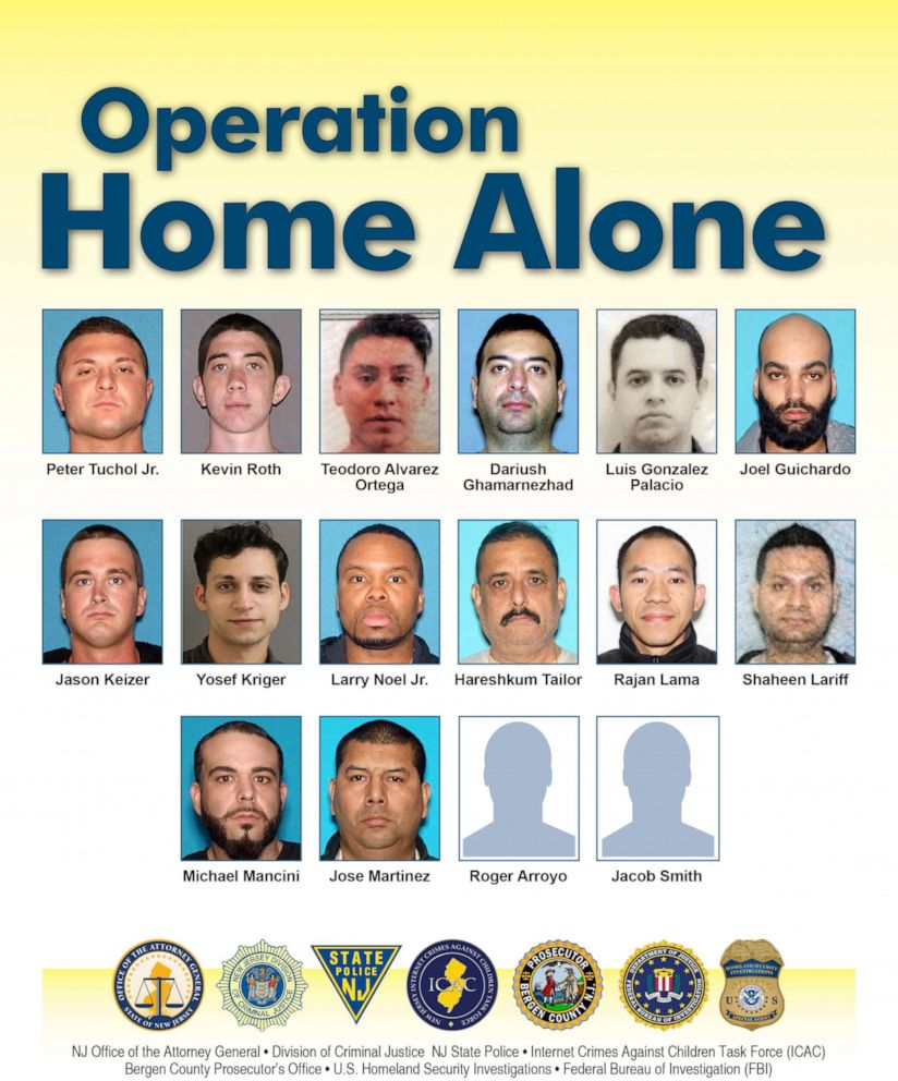 PHOTO: Men arrested in a multi-state sting operation aimed at child sexual predators called "Operation Home Alone" are pictured on a poster released by law enforcement officials, April 24, 2019.