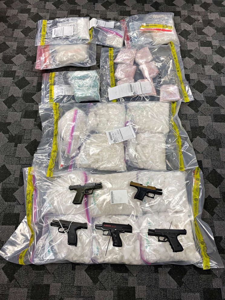 PHOTO: Seizure by Los Angeles Joint Criminal Opioid Darknet Enforcement (JCODE) on Feb. 11, 2020 of approximately 120 pounds of methamphetamine, 7-kilograms of MDMA, and 5-firearms.