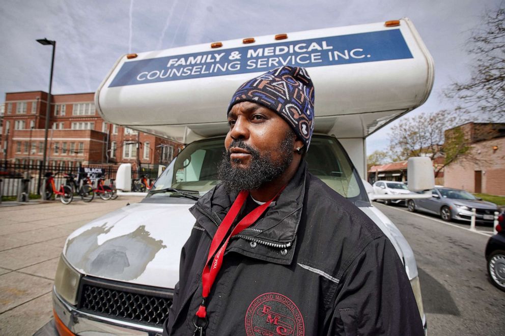 PHOTO: Terrence Cooper, needle exchange coordinator at Family and Medical Counselling Service Inc (FMCS), stands outside the FMCS van in Washington, DC, on April 21, 2022.