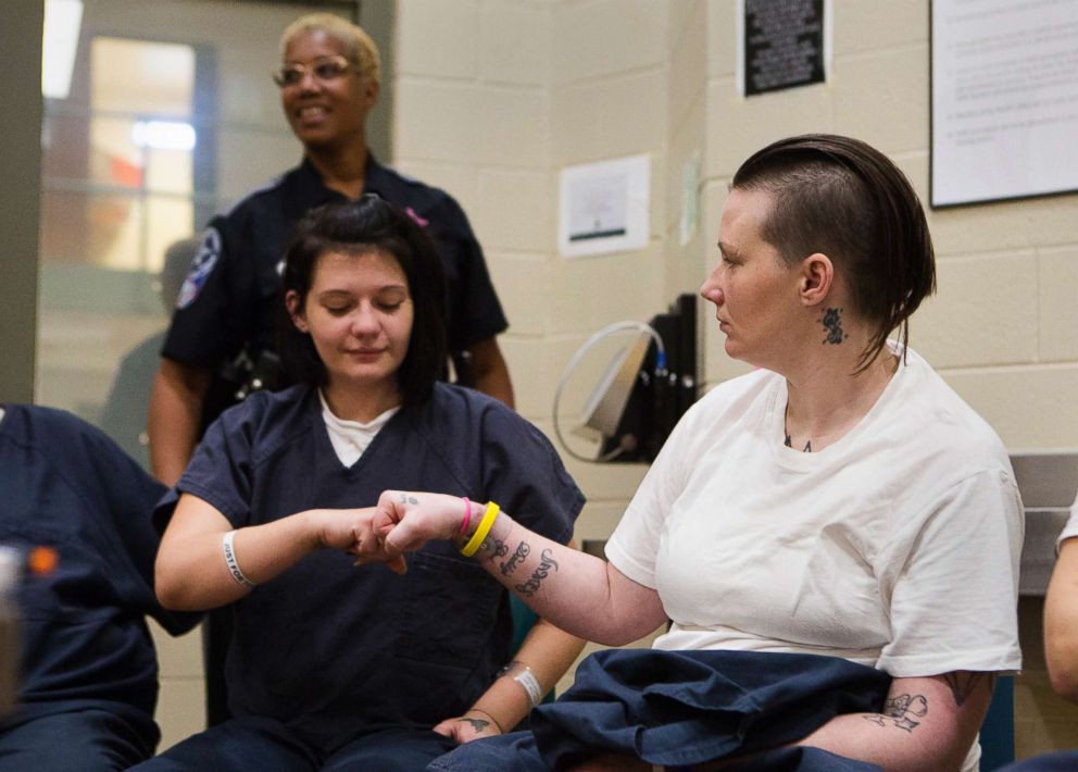 PHOTO: Sisters Stephanie, 25, left, and Tera Crowder, 33, reconnect in jail while attending the HARP program. As Stephanie struggled, others in the program felt that she was becoming a roadblock to Tera's recovery.