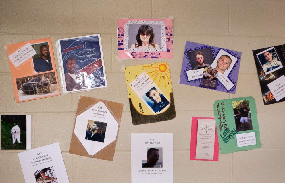 PHOTO: A memorial wall in the HARP pod honors participants who have died due to heroin overdoses after leaving the program and serves as a subtle reminder of the dangers they face after release.