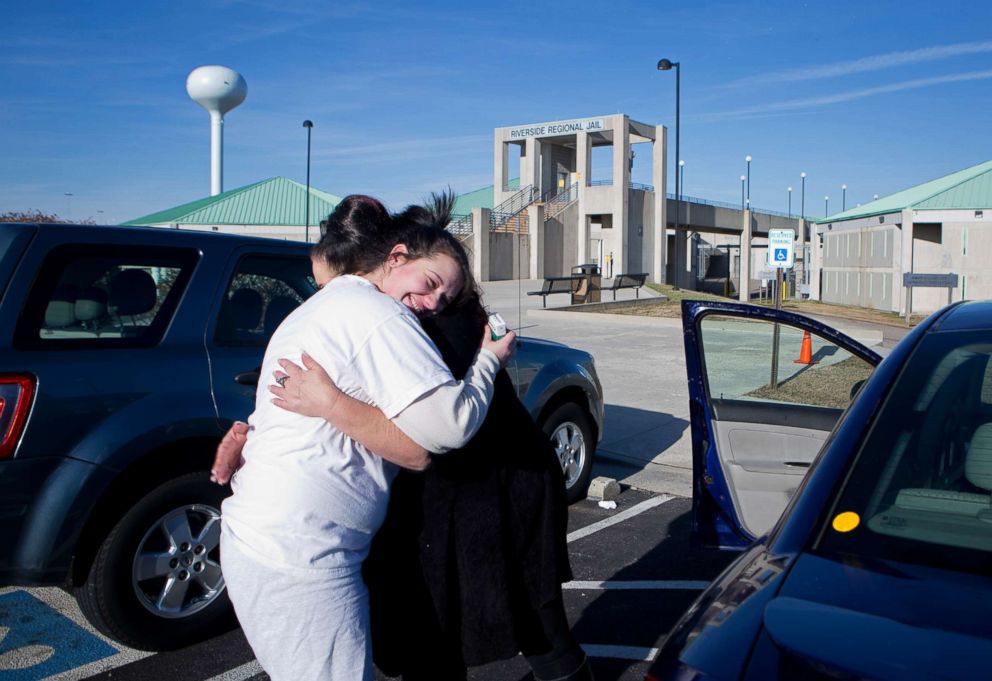 PHOTO: Deborah Crowder hugs her daughter Stephanie as she is being released from jail, Jan. 27, 2018.