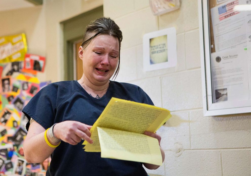 PHOTO: After weeks of worry, Tera Crowder reads her "impact letter," a letter written from the perspective of her oldest son to herself, to the group. "We just noticed you were very different and spending a lot of time in the bathroom," her letter read.