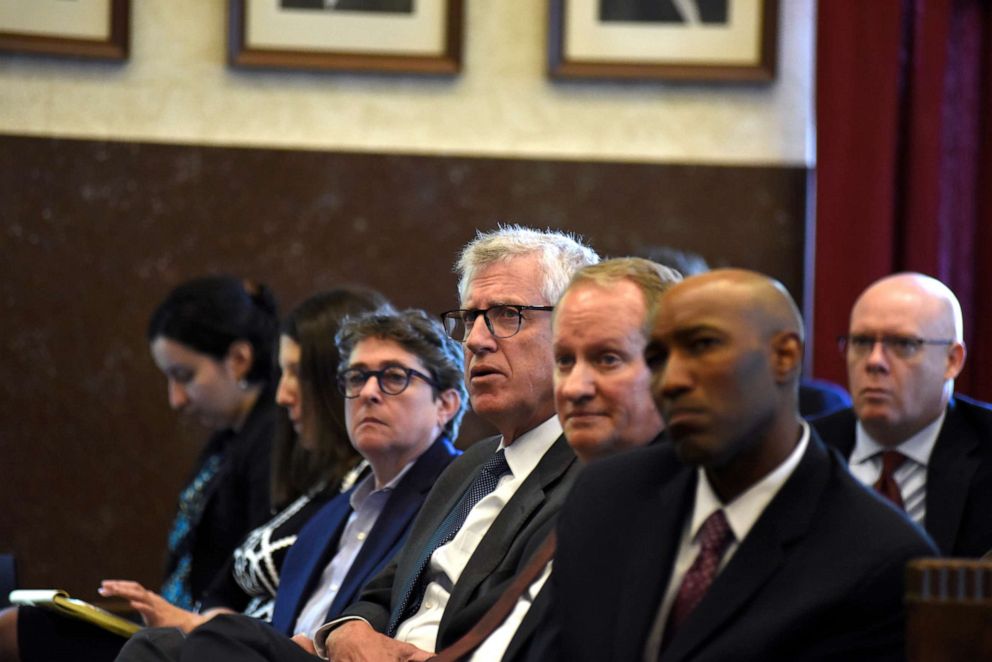 PHOTO: Members of the public listen to arguments on the first day of a trial accusing Johnson & Johnson of engaging in deceptive marketing that contributed to the national opioid epidemic in Norman, Okla., May 28, 2019.