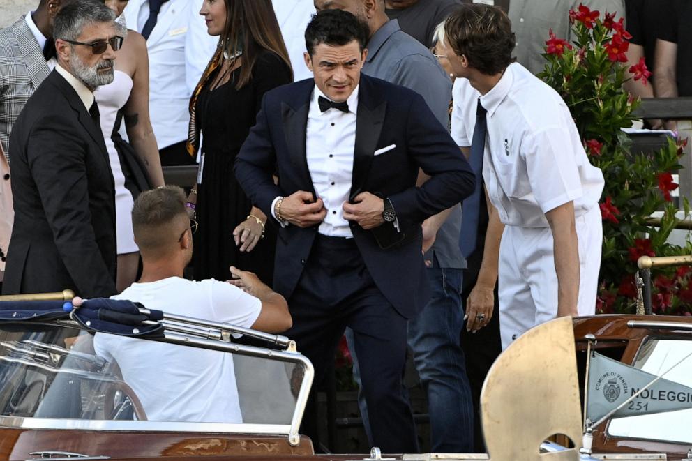 PHOTO: Orlando Bloom leaves the Gritti Palace Hotel on the wedding day of Amazon founder Jeff Bezos with Lauren Sanchez, in Venice, June 27, 2025.