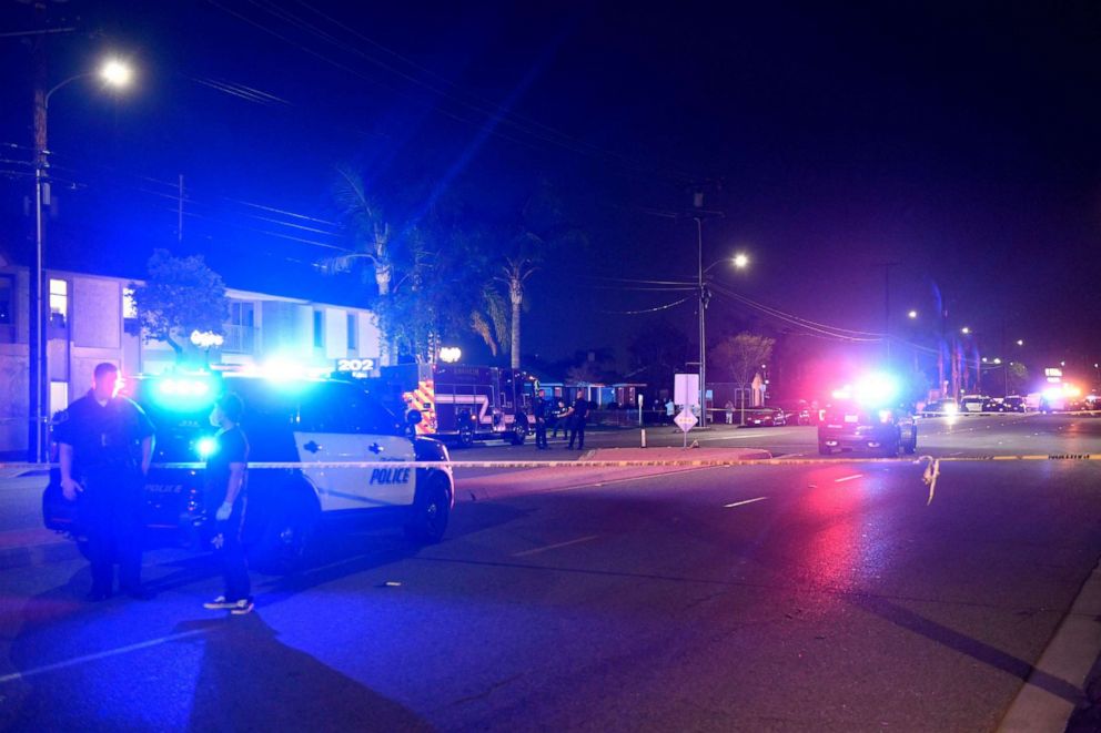 PHOTO: A police officer stands outside a building were multiple people were killed in a shooting in Orange, Calif., on March 31, 2021.