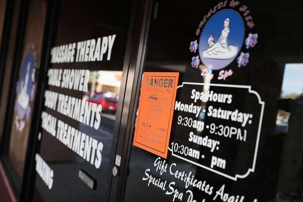 PHOTO: A notice sign from the Jupiter Building Department is seen on the front door of the Orchids of Asia Day Spa on Feb. 22, 2019, in Jupiter, Fla.