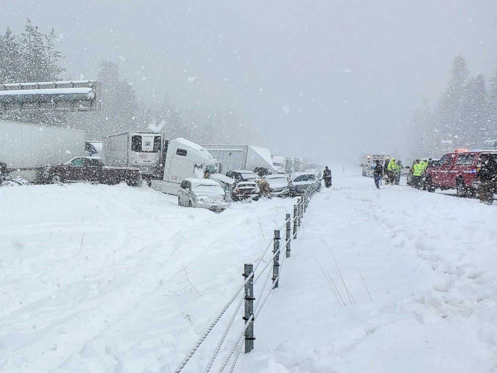PHOTO: First responders at the scene of a multi-vehicle crash along I-84 in Oregon, Feb. 21, 2022. 