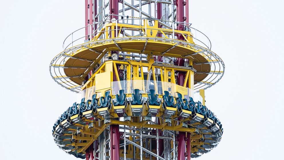 PHOTO: Close up view of the Orlando Free Fall off of International Drive March 25, 2022, hours after a 14-year-old boy fell to his death from the ride, according to the Orange County Sheriff's Office. 