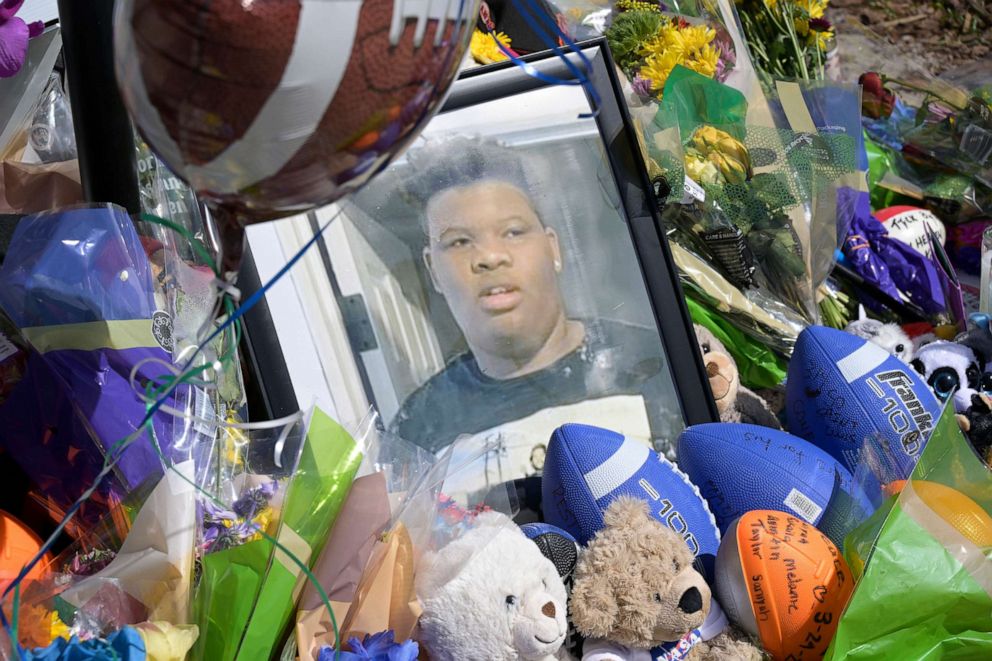 PHOTO: A makeshift memorial for Tyre Sampson is viewed outside the Orlando Free Fall ride at the ICON Park entertainment complex, on March 27, 2022, in Orlando, Fla.