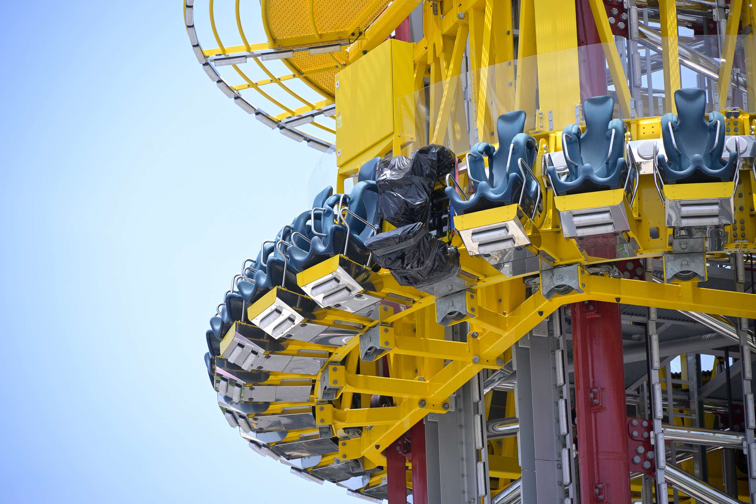 PHOTO: Black plastic wrapping is viewed on one of the seats of the Orlando Free Fall ride at the ICON Park entertainment complex, where Tyre Sampson fell to his death while on the ride in Orlando, Fla., June 15, 2022.