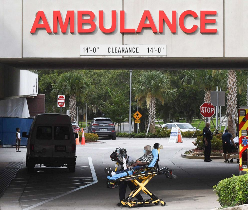 PHOTO: A patient is brought on a gurney to the emergency department at AdventHealth hospital in Orlando, Fla., July 26, 2021.
