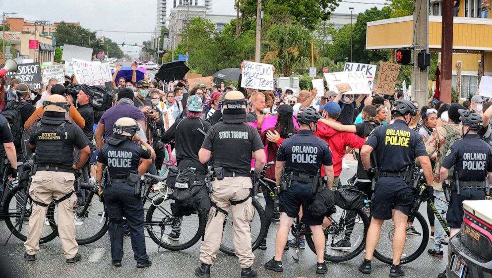 PHOTO: In this June 4, 2020, file photo, police block Colonial Drive at Orange Avenue as protestors march through downtown Orlando, Fla., on June 4, 2020, as protests continued over the police killing of George Floyd in Minneapolis.