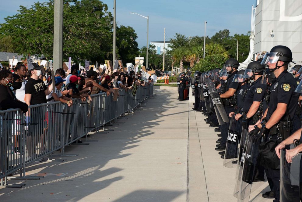 PHOTO: In this May 31, 2020, file photo, protesters gather outside Orlando Police Department headquarters in Orlando, Fla., following George Floyd's death.