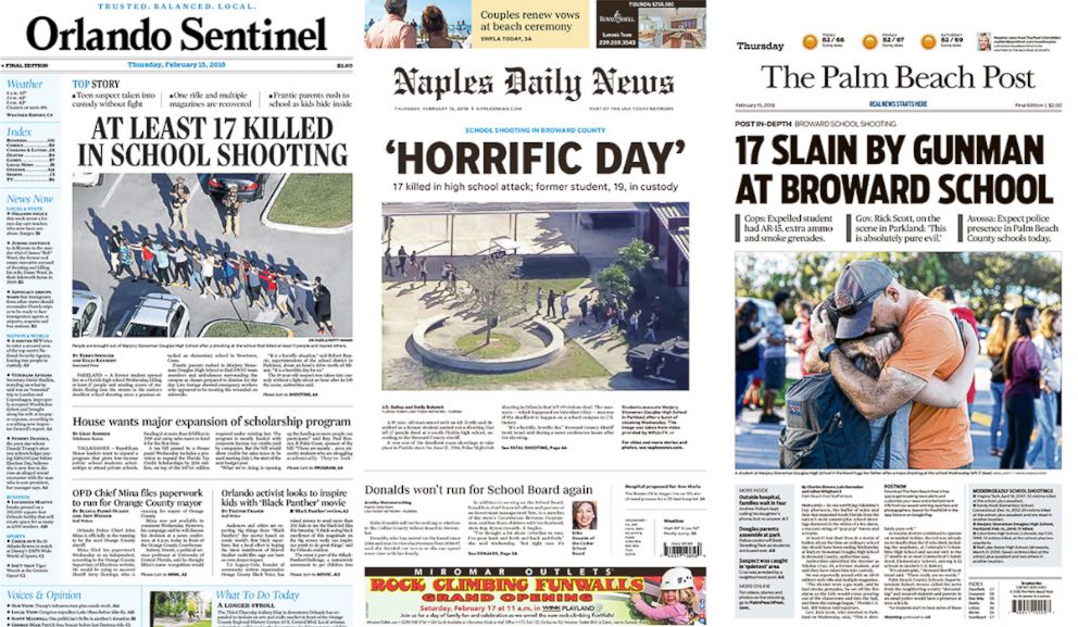 PHOTO: The front page of the Orlando Sentinel, Naples Daily News and The Palm Beach Post newspapers, Feb. 15, 2018.