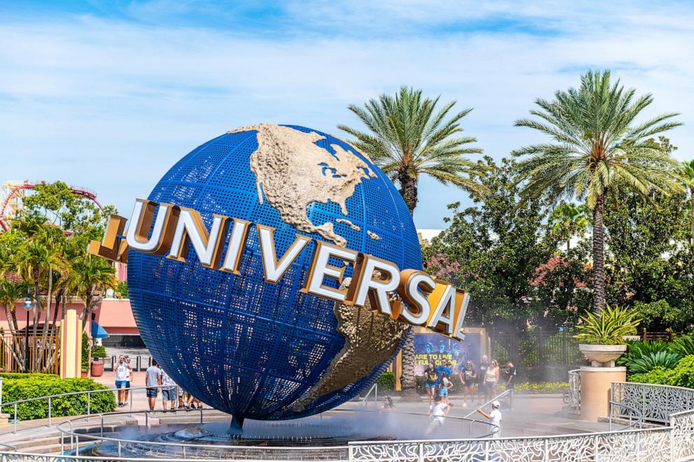 PHOTO: In this July 18, 2019, file photo, the three dimensional globe logo at Universal Studios, in Orlando, Fla.