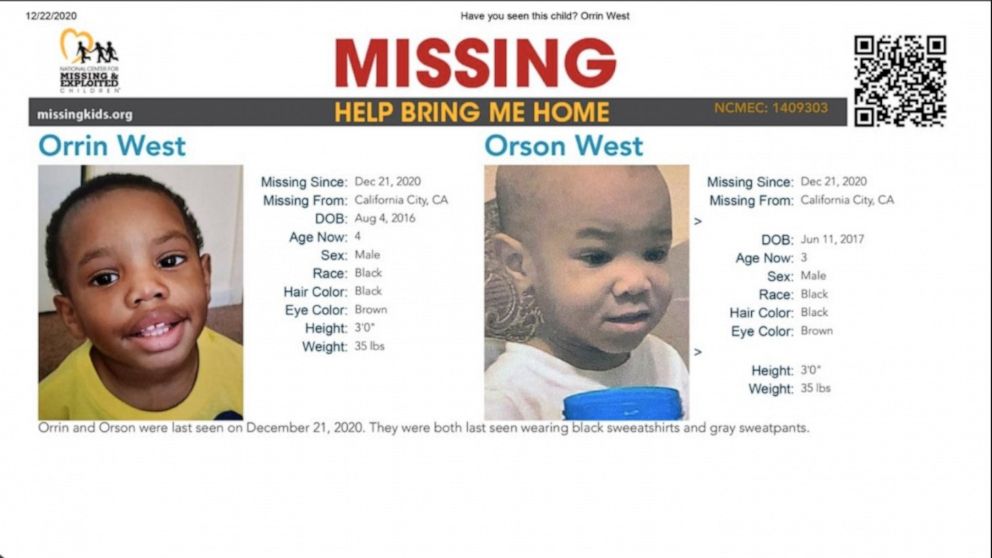 PHOTO: Orson West, 4, and his brother, Orrin, 3, pictured in a poster from the National Center for Missing and Exploited Children, were reported missing on Dec. 21 in California City, Calif.