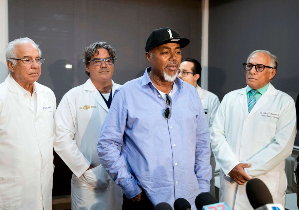 PHOTO: Accompanied by the medical team, the father of former Red Sox player David Ortiz, Leo Ortiz, addresses the press on June 10, 2019, at a conference at the clinic where David was admitted after being shot in Santo Domingo, Dominican Republic. Republic.