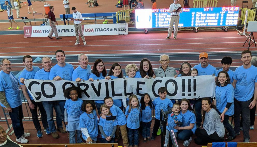 PHOTO: Orville Rogers, 100, of Dallas, Texas, is surrounded by family. The marathoner and author broke five new U.S. and world records at the 2018 US Masters Track & Field Championships.