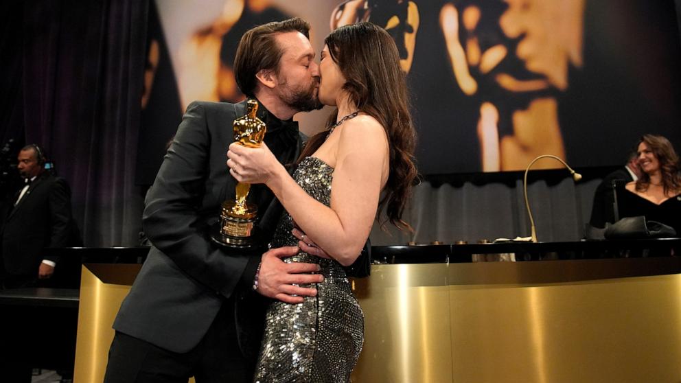 PHOTO: Kieran Culkin, winner of the Best Supporting Actor Oscar for 'A Real Pain' kisses his wife Jazz Charton at the Governors Ball at the 97th Academy Awards in Los Angeles, March 2, 2025.