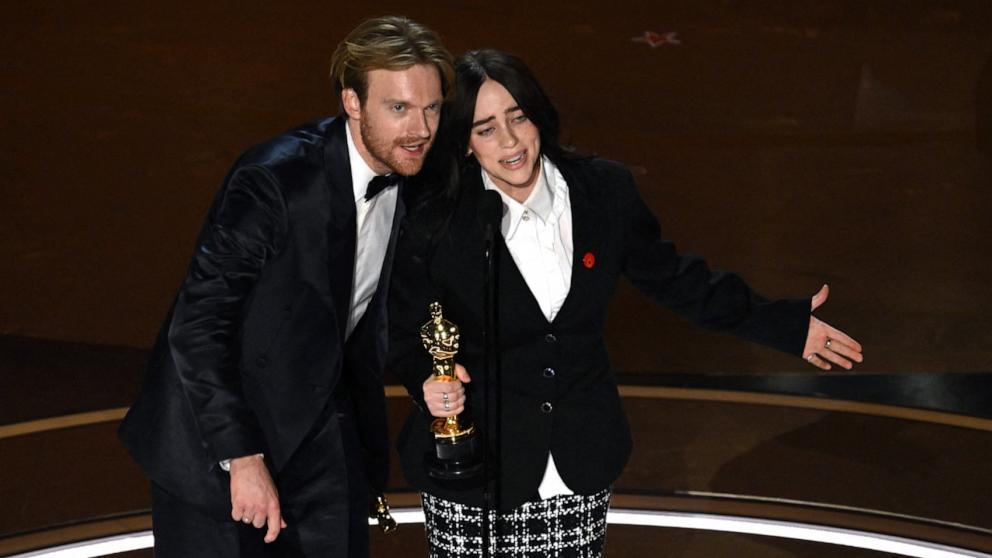 PHOTO: Billie Eilish and Finneas O'Connell accept the award for Best Original Song for "What Was I Made For" from "Barbie" onstage during the 96th Annual Academy Awards, in Hollywood, Mar. 10, 2024. 