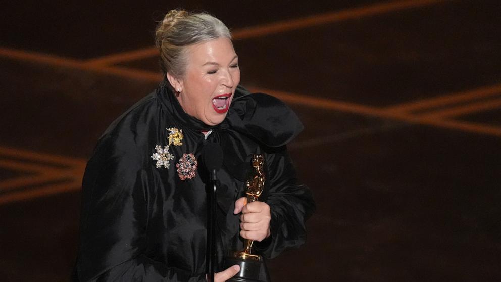 PHOTO: Kate Hawley accepts the award for costume design for "Frankenstein" at the 98th Academy Awards, March 15, 2026 in Hollywood, Calif.