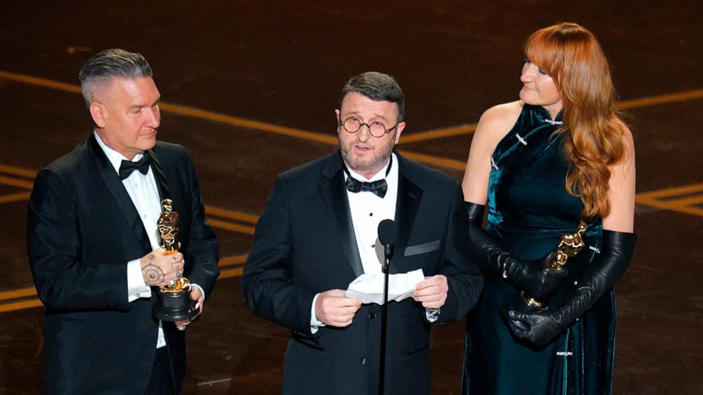 PHOTO: Mike Hill, Jordan Samuel and Cliona Furey win the Oscar for Best Makeup and Hairstyling for "Frankenstein" at the 98th Academy Awards, March 15, 2026 in Hollywood, Calif.