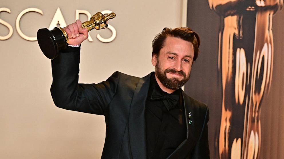 PHOTO: Kieran Culkin poses in the press room with the Oscar for Best Actor in a Supporting Role for "A Real Pain" during the 97th Annual Academy Awards, in Los Angeles, Mar. 2, 2025.